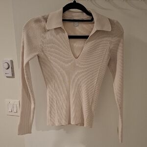 Ever New Women's Classic Beige Ribbed Polo V-Neck Sweater (Size S)